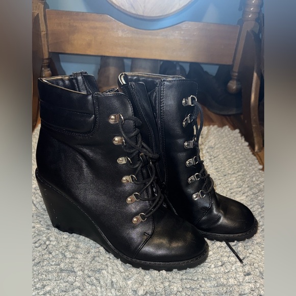 Black Lace-Up Wedge Ankle Boots - Picture 1 of 1